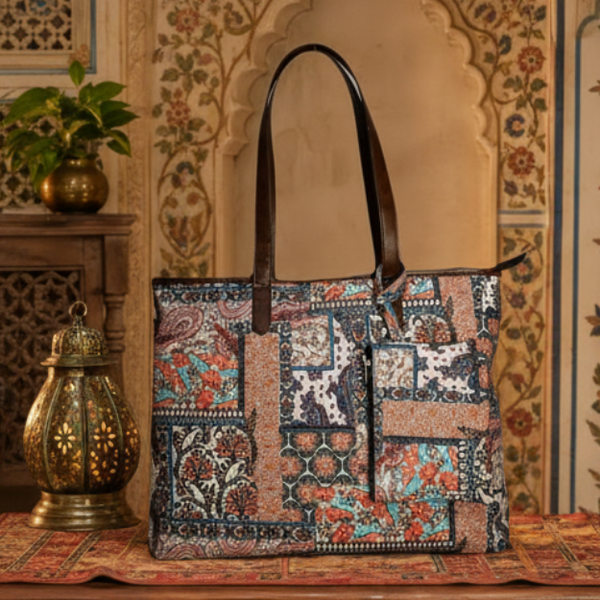 ETHNIC PATCHWORK PRINT TOTE BAG