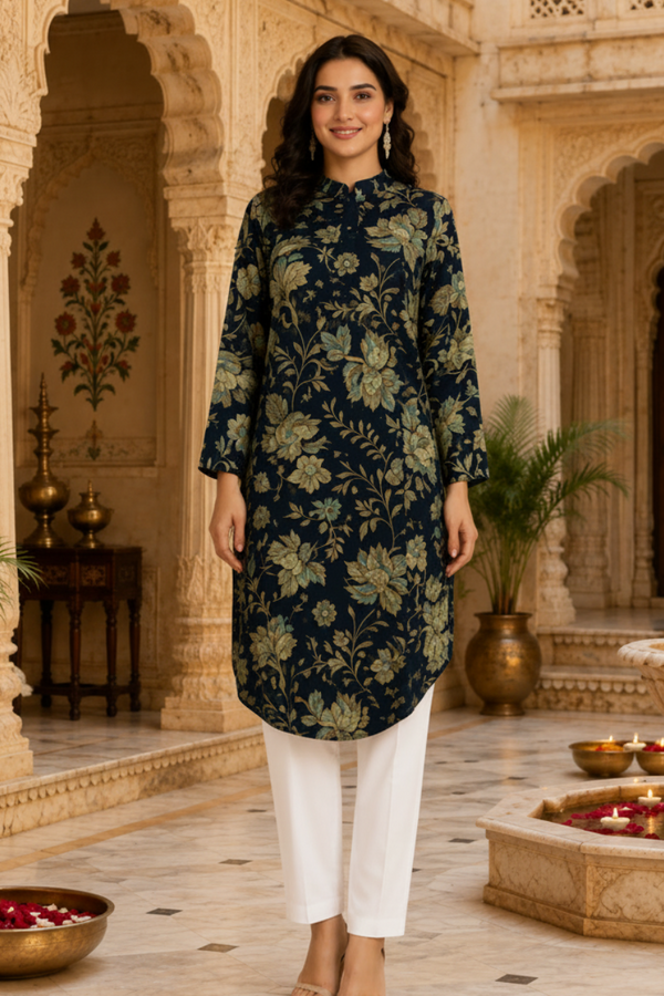 🌺 Floral print spandex kurti‑pant co‑ord set