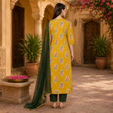 Mustard Yellow & Emerald Green Printed Ethnic Suit Set with Dupatta