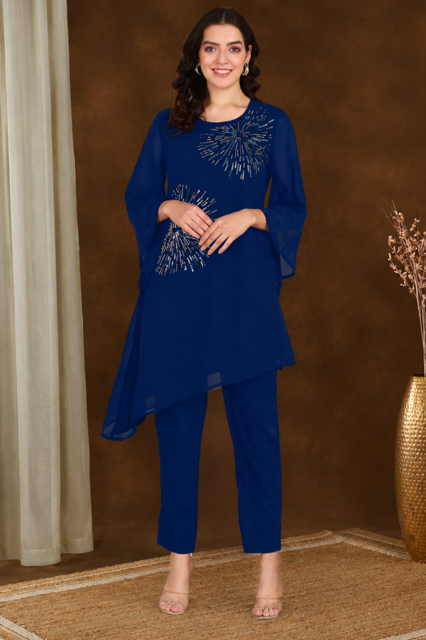 Women Georgette Asymmetric Kurta Pant Set INDW 02 BLUE