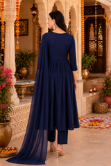 🌼 Women's Rayon Embroidered Kurti Pant Set with Georgette Dupatta