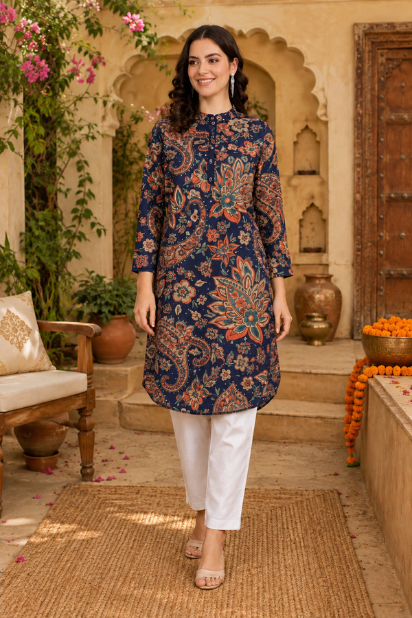 🌸 Floral Print Spandex Kurti Pant Co-Ord Set 🌸