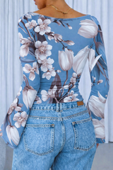 🌸 Floral Printed Spandex Top with Bell Sleeves 🌸