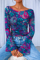 🌸 Floral Printed Spandex Top with Bell Sleeves 🌸
