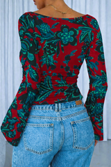 🌸 Floral Printed Spandex Top with Bell Sleeves 🌸