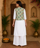 Women's White A-Line Kurta with Floral Printed Green Jacket & White Palazzo Set