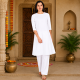 Women's White A-Line Kurta with Floral Printed Aqua Blue Jacket & White Palazzo Set
