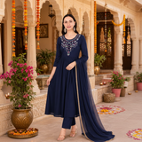 🌼 Women's Rayon Embroidered Kurti Pant Set with Georgette Dupatta