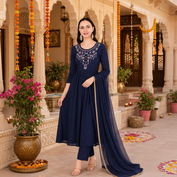 🌼 Women's Rayon Embroidered Kurti Pant Set with Georgette Dupatta