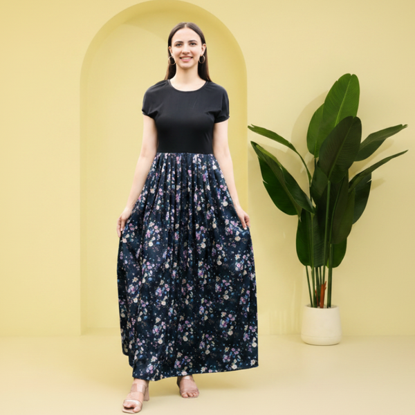 Midnight Blooms Pleated Black Floral Maxi Dress
