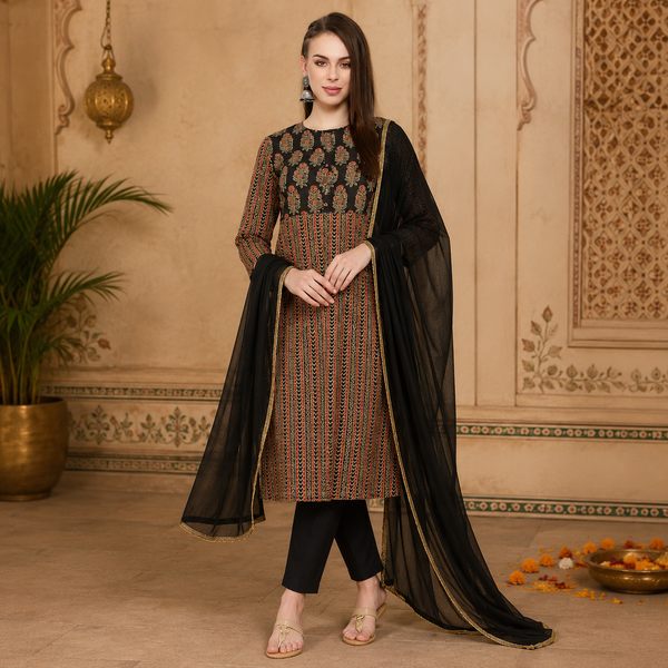 Women Block print A line kurti pant set