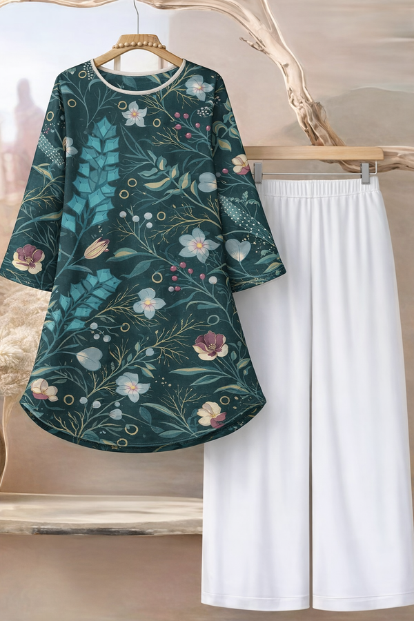 🌸 Floral Printed Spandex Top & Solid White Pant Set 🌸