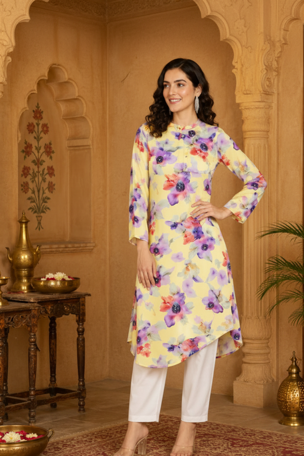 🌺 Floral print spandex kurti‑pant co‑ord set