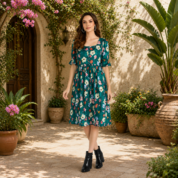 Gracefull Knee-Length Floral Crepe Dress