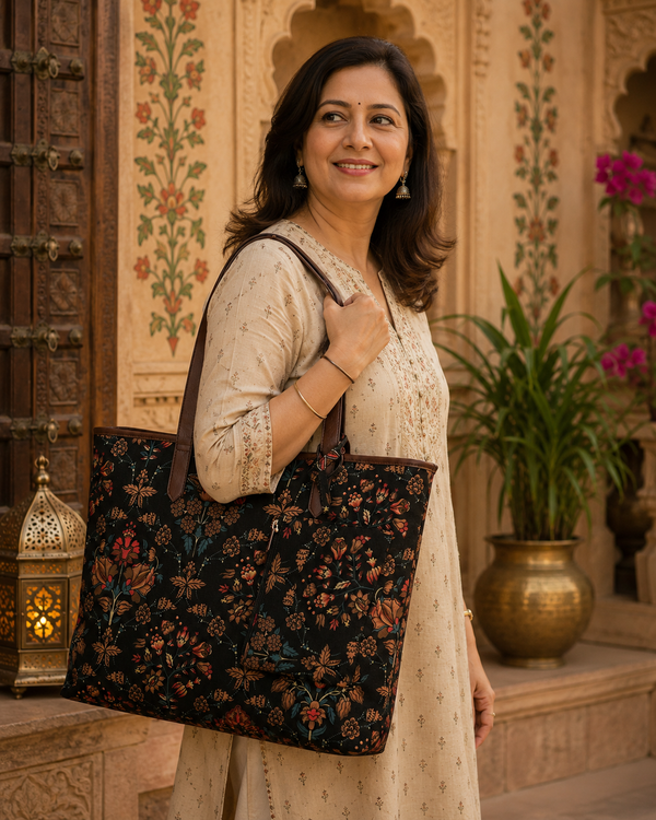 ETHNIC FLORAL PRINT TOTE BAG