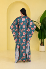 Blue Floral Satin Kaftan – Elegant Floral Print Lounge & Resort Wear