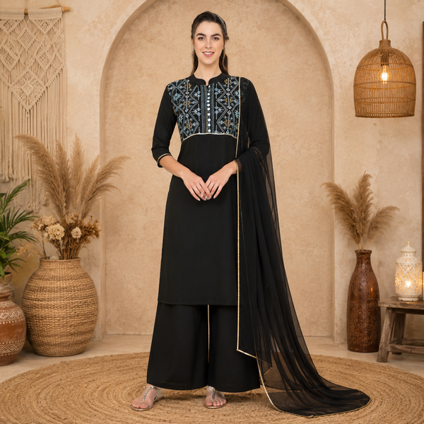 Women’s Embroidered Rayon Kurti Palazzo Set | Elegant Ethnic Co-ord Set