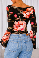🌸 Floral Printed Spandex Top with Bell Sleeves 🌸