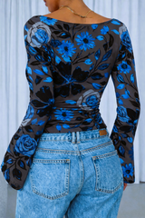 🌸 Floral Printed Spandex Top with Bell Sleeves 🌸