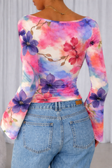 🌸 Floral Printed Spandex Top with Bell Sleeves 🌸