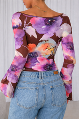 🌸 Floral Printed Spandex Top with Bell Sleeves 🌸