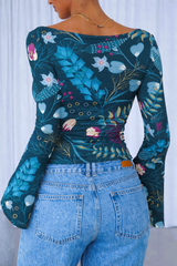 🌸 Floral Printed Spandex Top with Bell Sleeves 🌸
