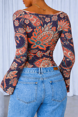 🌸 Floral Printed Spandex Top with Bell Sleeves 🌸