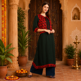 Women's Dark Green A-Line Kurti with Printed Jacket & Palazzo Set