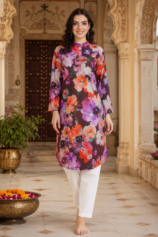 🌺 Floral print spandex kurti‑pant co‑ord set