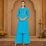 Women’s Embroidered Rayon Kurti Palazzo Set | Elegant Ethnic Co-ord Set