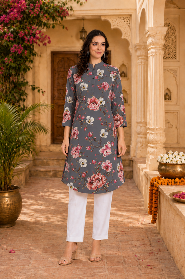 🌸 Floral Printed Spandex Kurti Pant Co-Ord Set 🌸