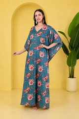 Blue Floral Satin Kaftan – Elegant Floral Print Lounge & Resort Wear