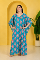 Floral Blossom Satin Kaftan – Elegant Floral Print Lounge & Resort Wear
