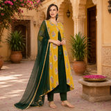 Mustard Yellow & Emerald Green Printed Ethnic Suit Set with Dupatta