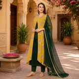 Mustard Yellow & Emerald Green Printed Ethnic Suit Set with Dupatta