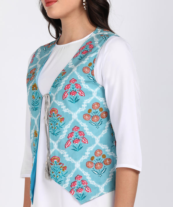 Women's White A-Line Kurta with Floral Printed Aqua Blue Jacket & White Palazzo Set