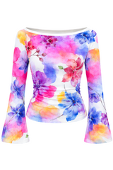 🌸 Floral Printed Spandex Top with Bell Sleeves 🌸