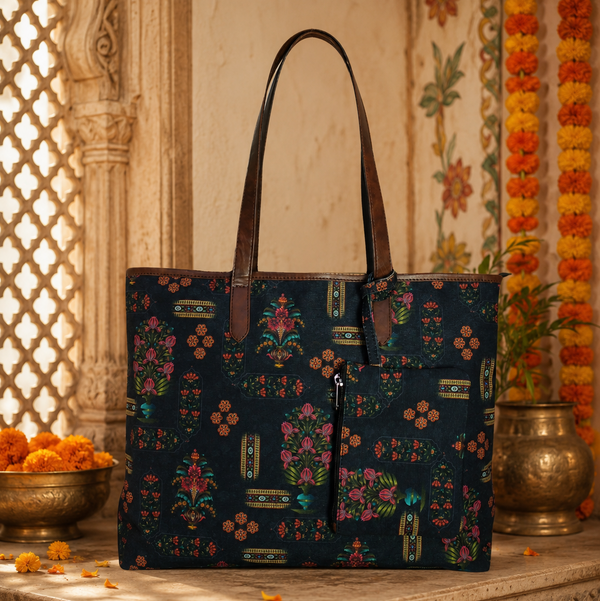 ETHNIC FLORAL MOTIFS PRINT TOTE BAG
