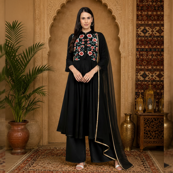 🌸 Midnight Bloom Embroidered Rayon Kurta Set with Dupatta