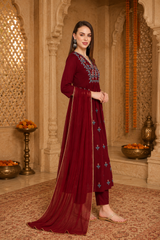 Maroon Embroidered Rayon Kurta Set with Georgette Dupatta