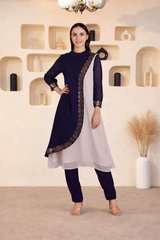 Women's Sequins Motifs Embellished Georgette Colour Block Kurti Pant Set