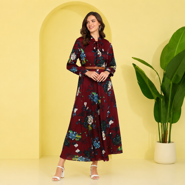 Eternal Bloom Fit and Flare Floral Long Crepe Dress