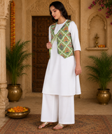 Women's White A-Line Kurta with Floral Printed Green Jacket & White Palazzo Set