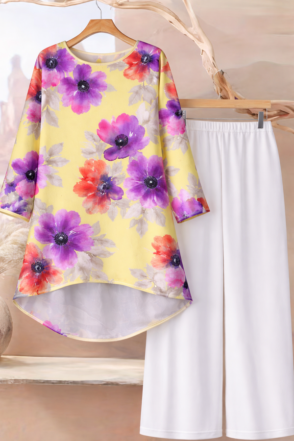 🌸 Floral Printed Spandex Top & Solid White Pant Set 🌸