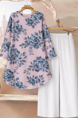 🌸 Floral Printed Spandex Top & Solid White Pant Set 🌸