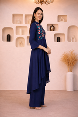 🌸 Women's Navy Blue Rayon Embroidered High-Low Kurta Palazzo Set