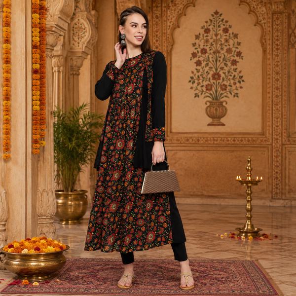 Women's Black Floral Printed A-Line Kurta with  Pant