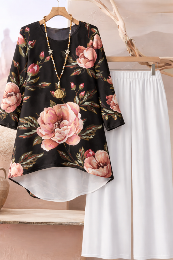 🌸 Floral Printed Spandex Top & Solid White Pant Set 🌸