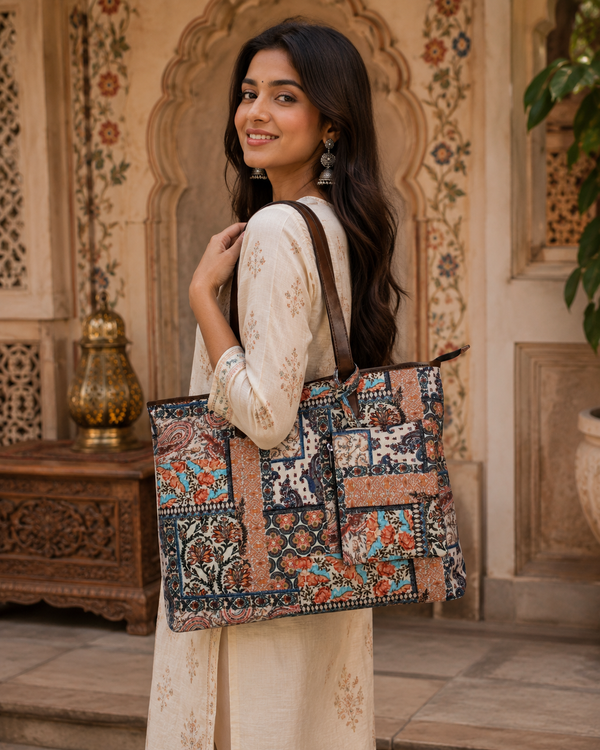 ETHNIC PATCHWORK PRINT TOTE BAG