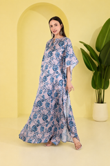 Blossom Satin Kaftan – Elegant Floral Print Lounge & Resort Wear
